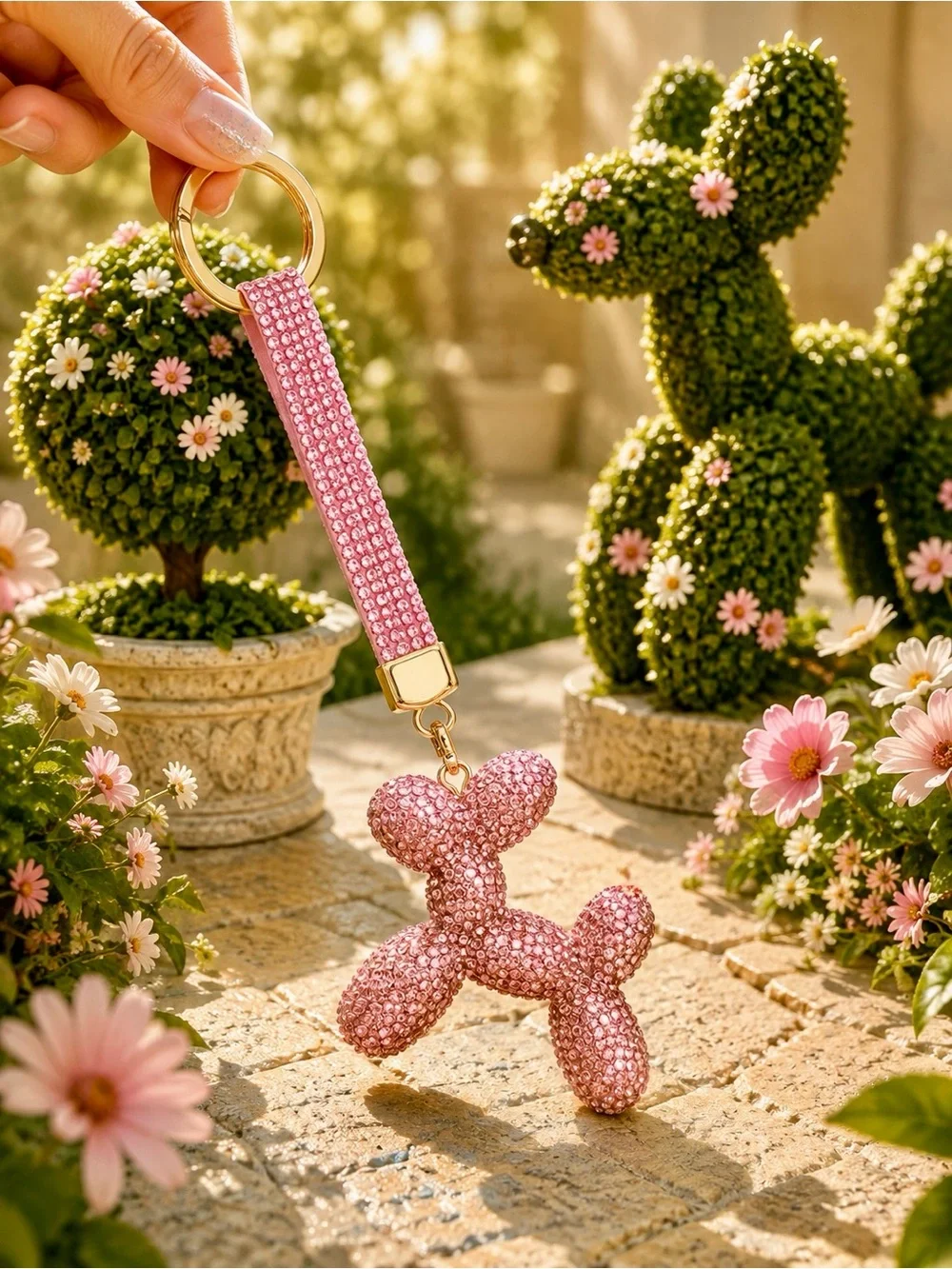 Pink Crystal Balloon Dog Keychain w/Matching Crystal Strap